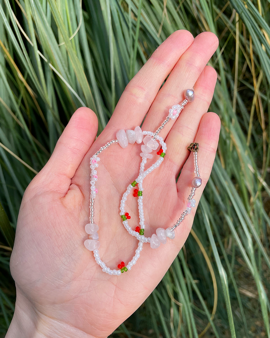 Silver cherry choker with pearls and rose quartz beads