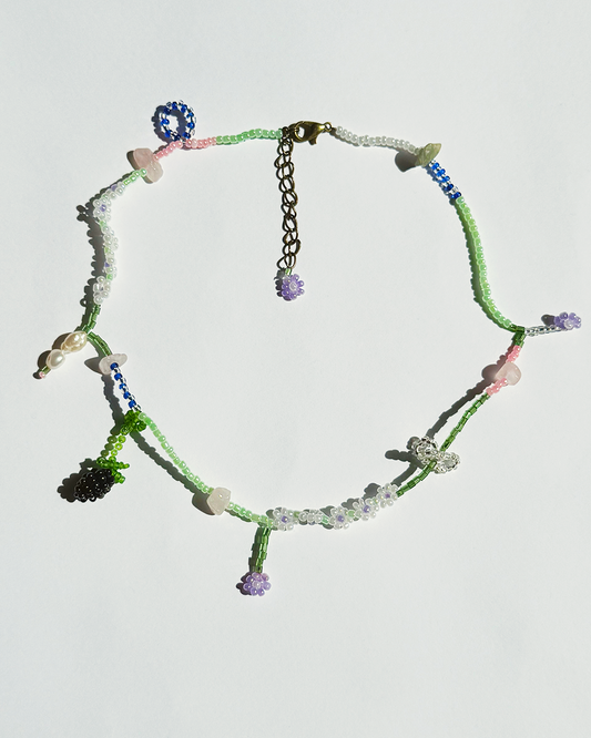 Summer floral necklace with pink, green quartz and pearls