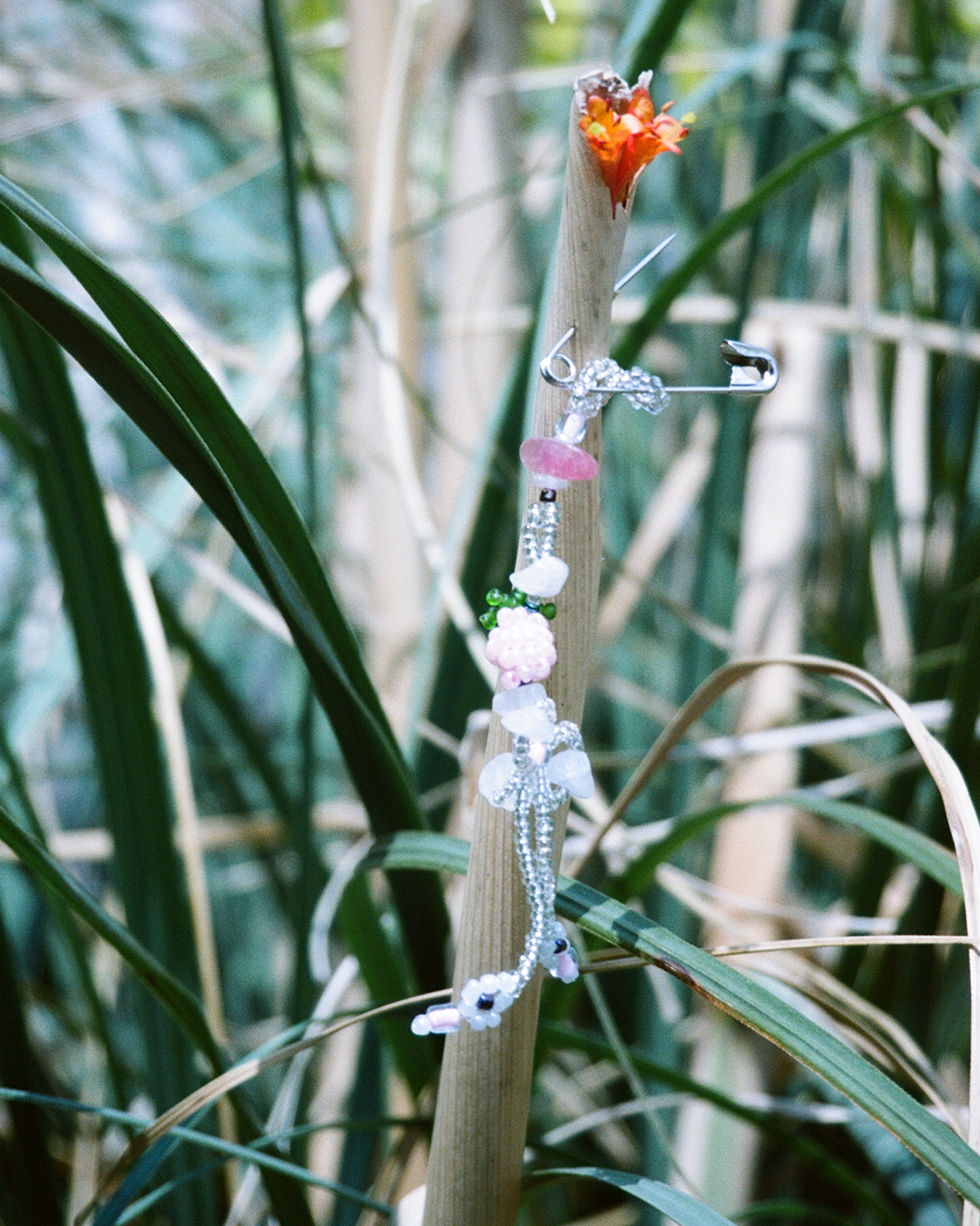 Beaded charm on a plant with a blurred natural background
