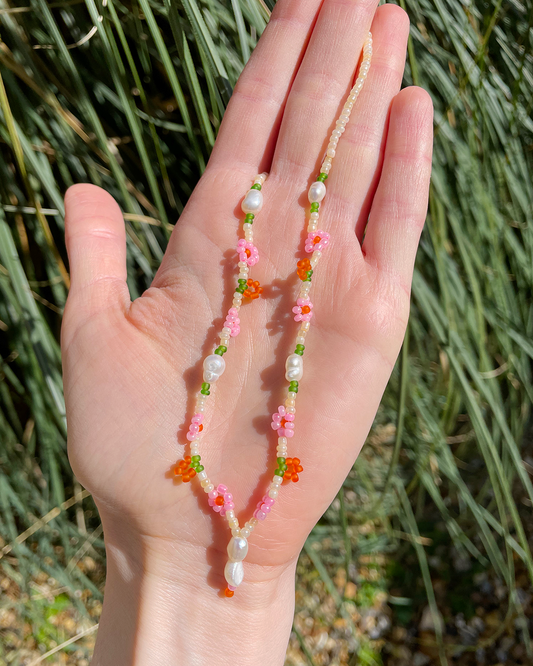 Peach Beaded Necklace with pearls