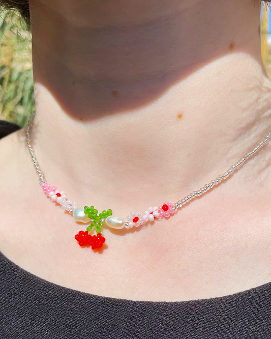Beaded cherry necklace with pearls