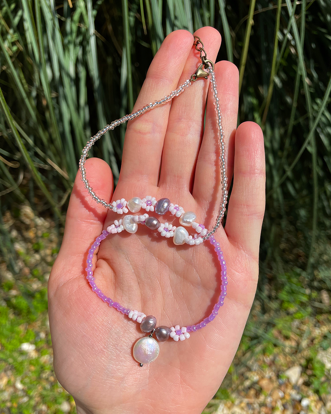 Lilac seed bead choker with fresh water pearls