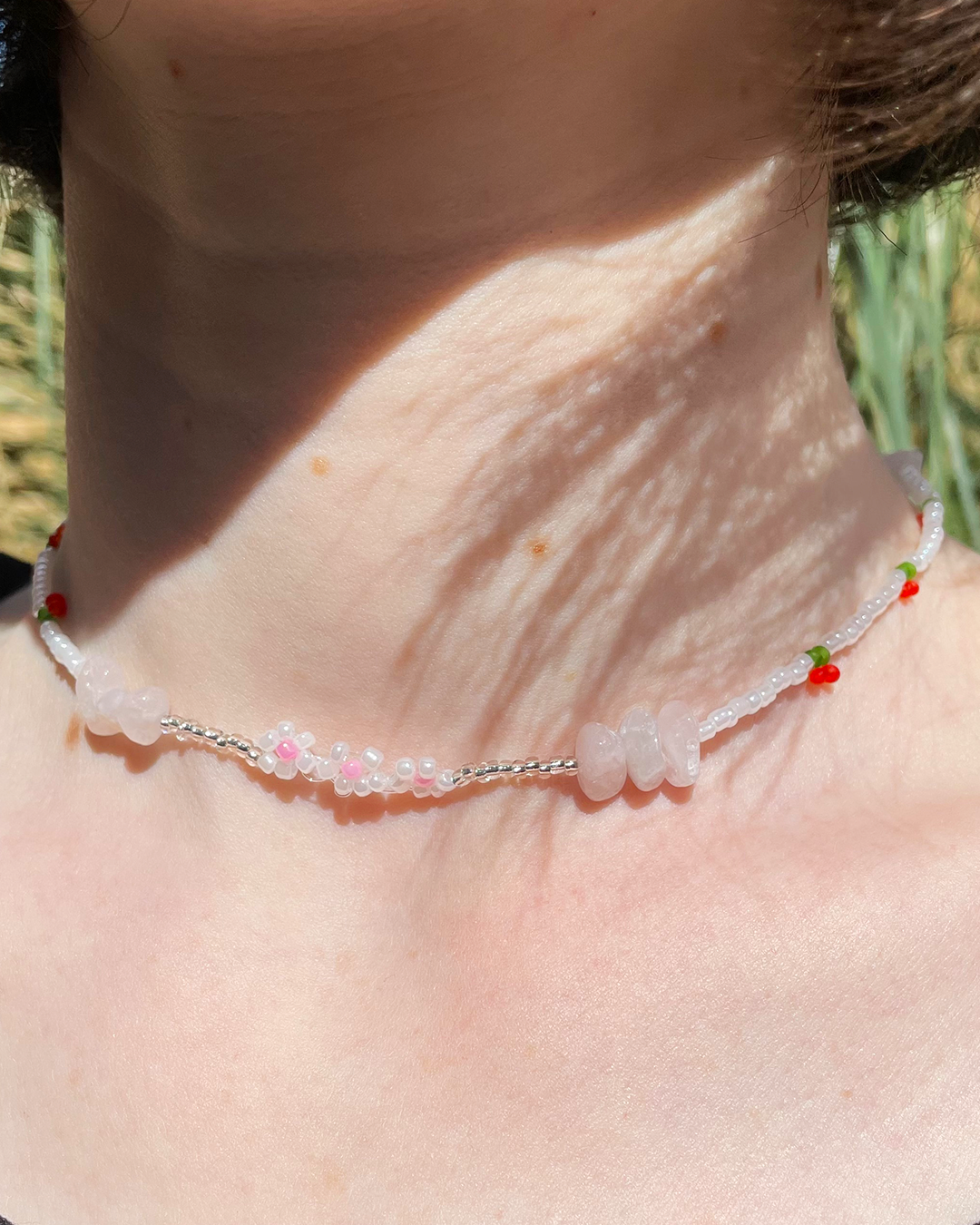 Silver cherry choker with pearls and rose quartz beads