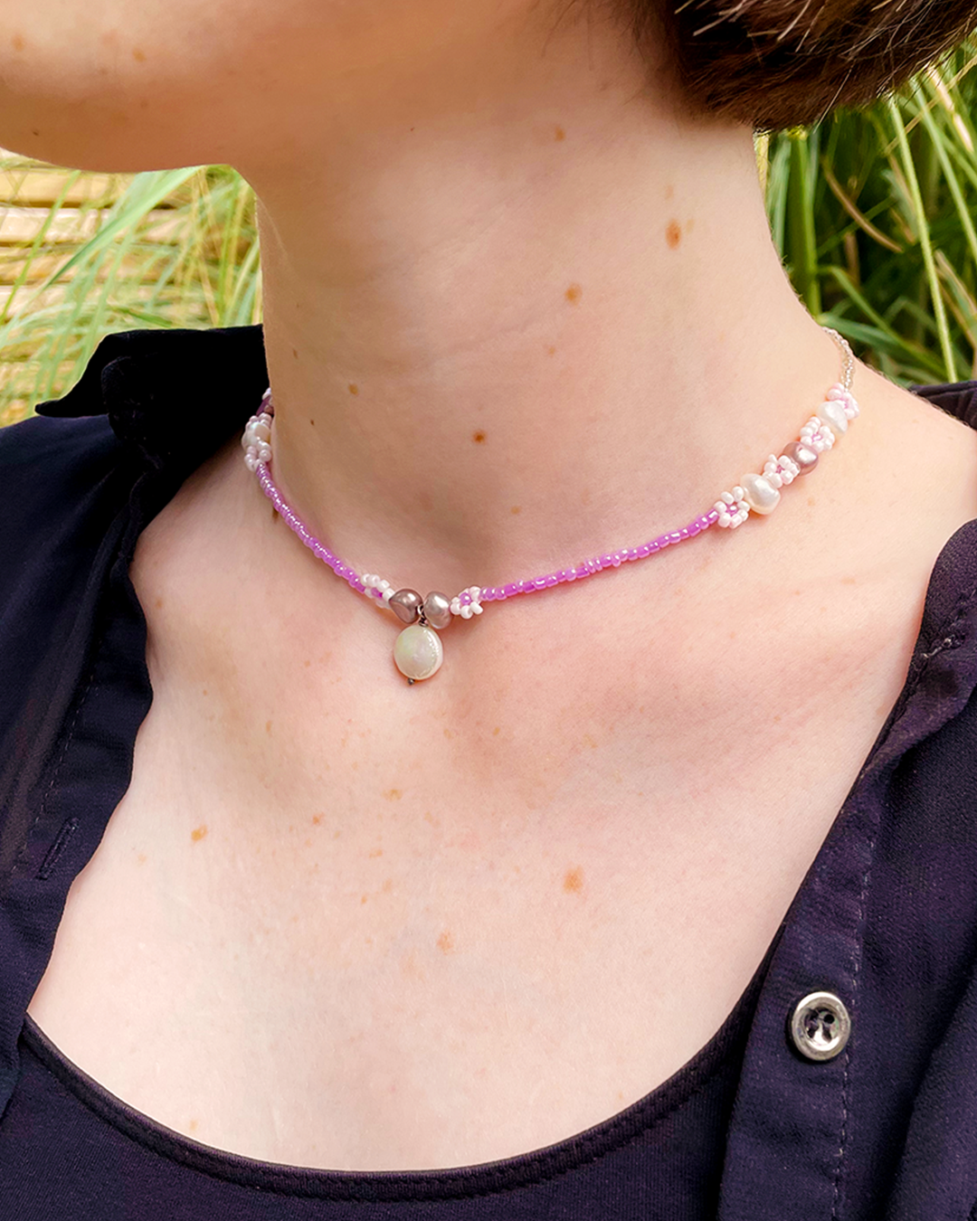 Lilac seed bead choker with fresh water pearls