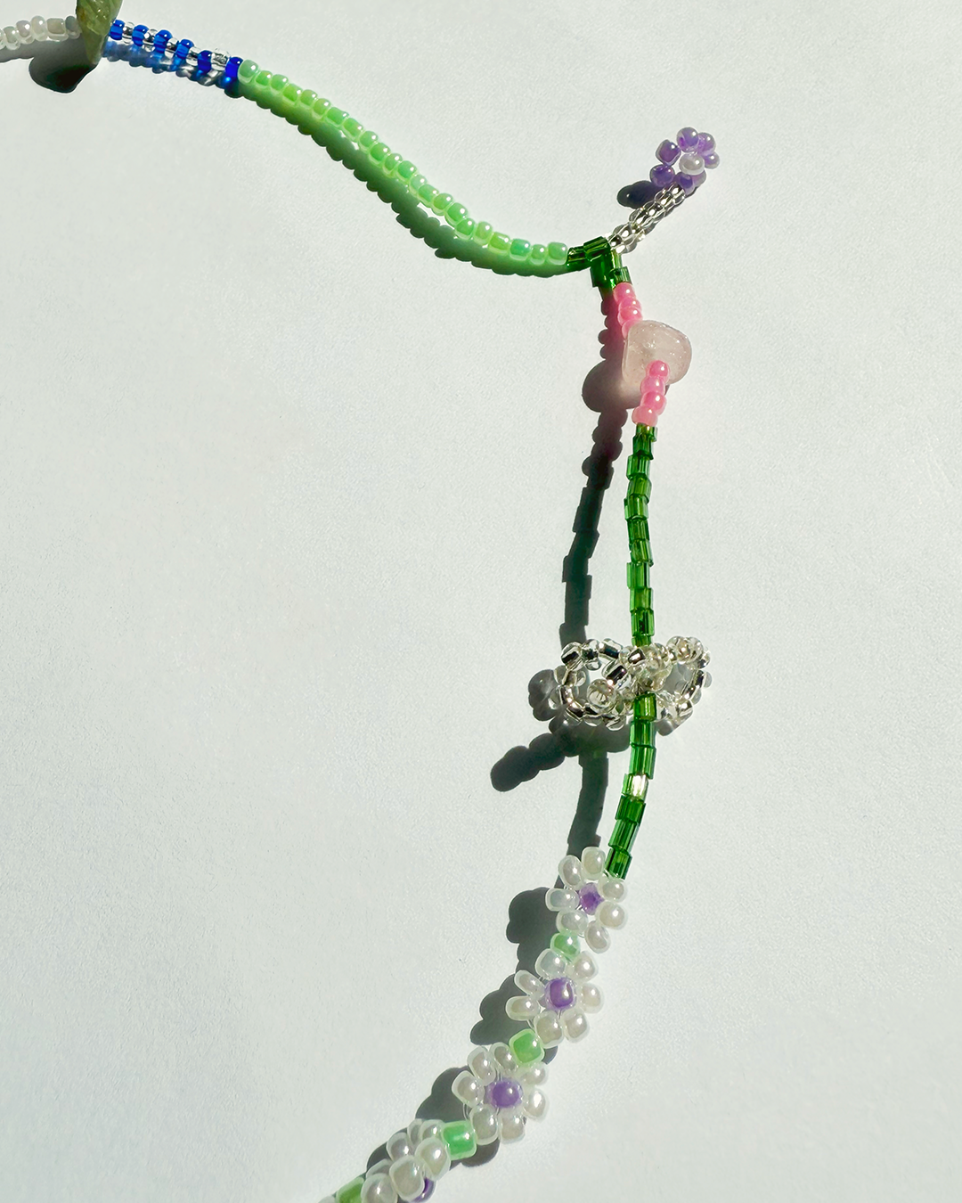 Summer floral necklace with pink, green quartz and pearls