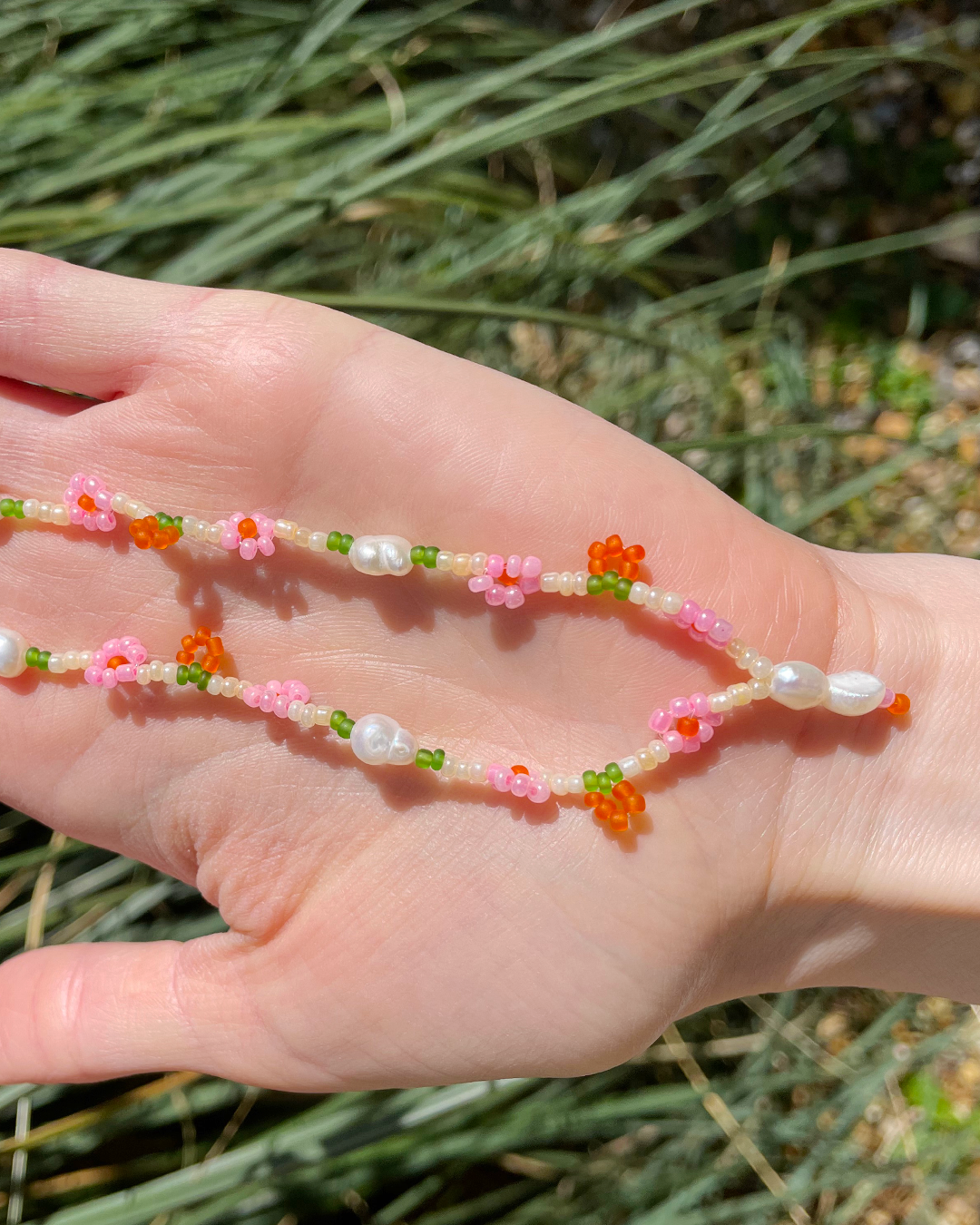 Peach Beaded Necklace with pearls