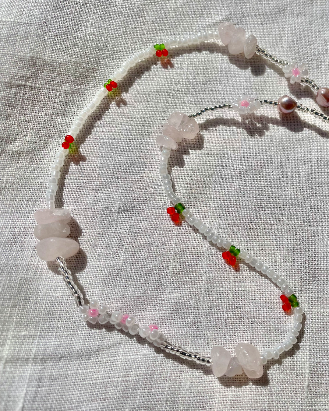 Silver cherry choker with pearls and rose quartz beads