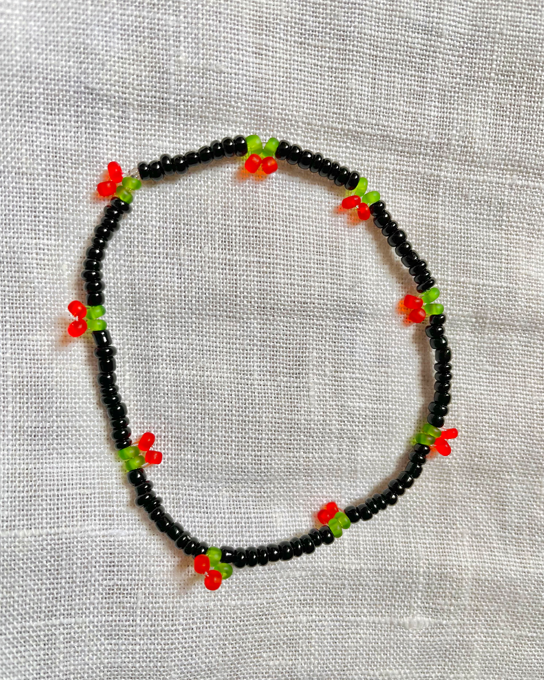 Handmade Beaded Cherry Bracelet - Pearly White / Black