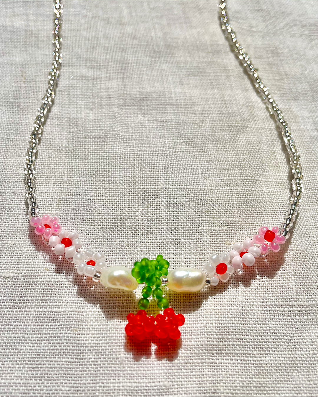 Beaded Cherry Necklace with Pearls