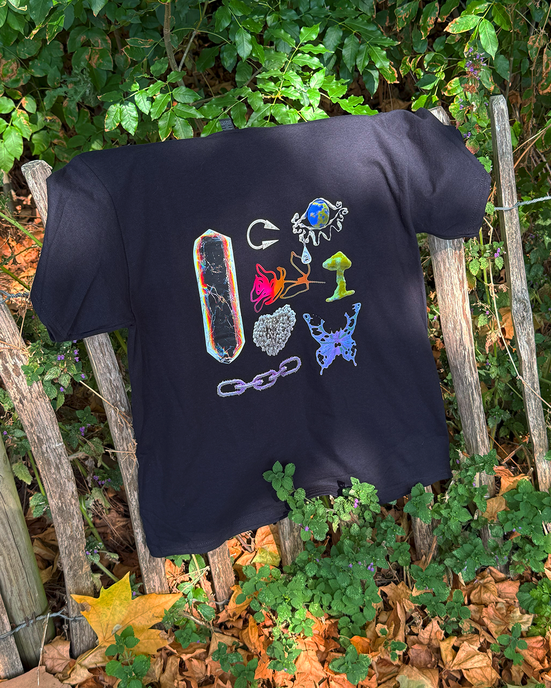 Black t-shirt with a crystal, mushroom, and butterfly