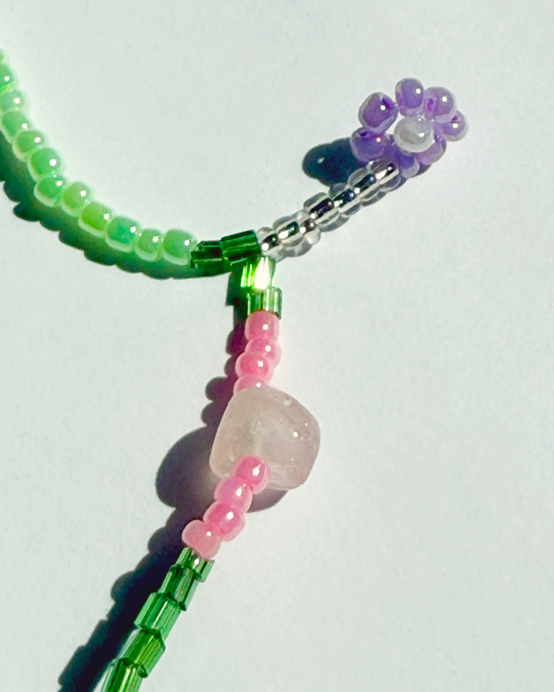 Summer floral necklace with pink, green quartz and pearls