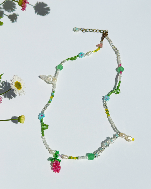 Forget-Me-Not raspberry necklace with jade and pearls
