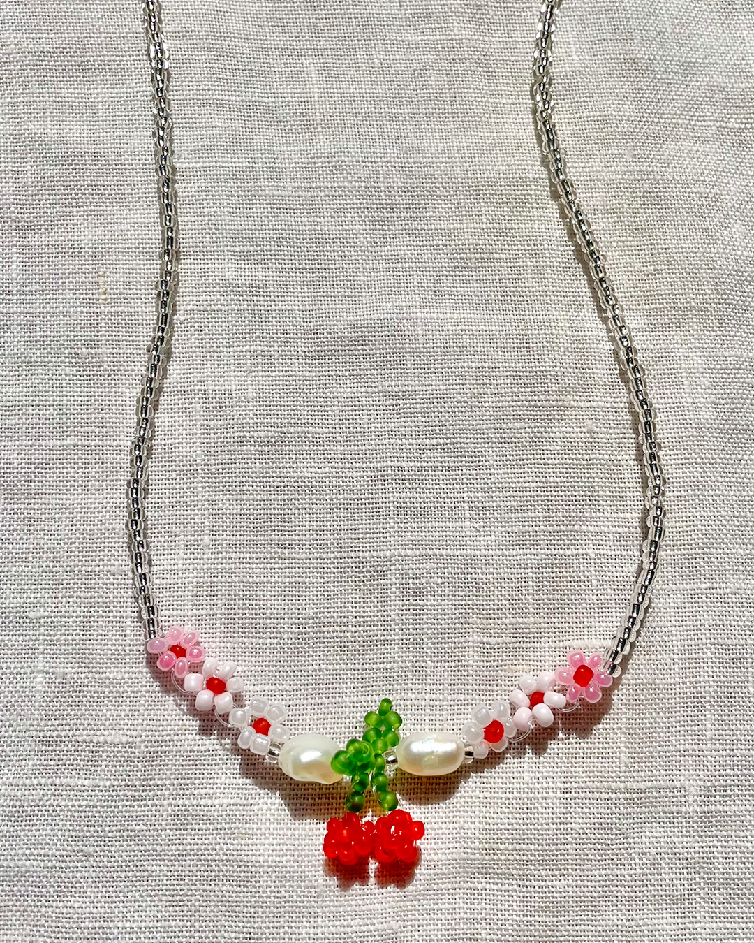 Beaded cherry necklace with pearls