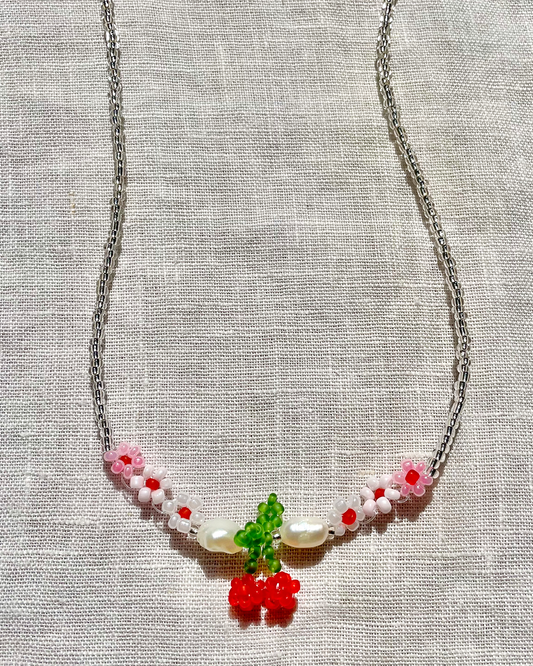 Beaded cherry necklace with pearls