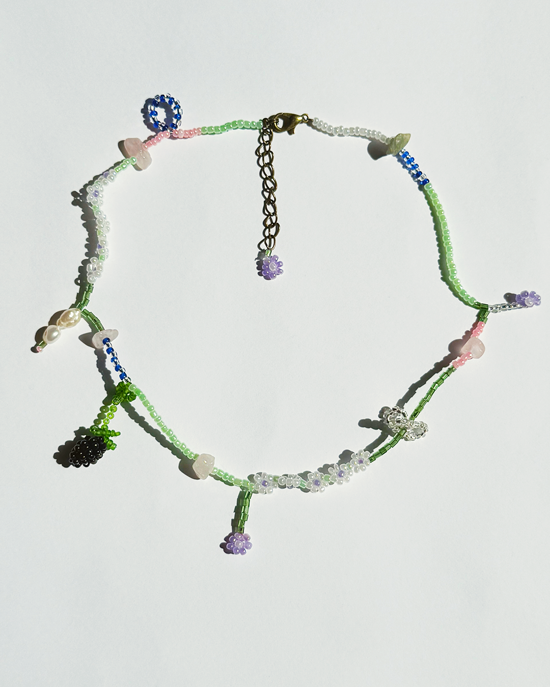 Summer floral necklace with pink, green quartz and pearls