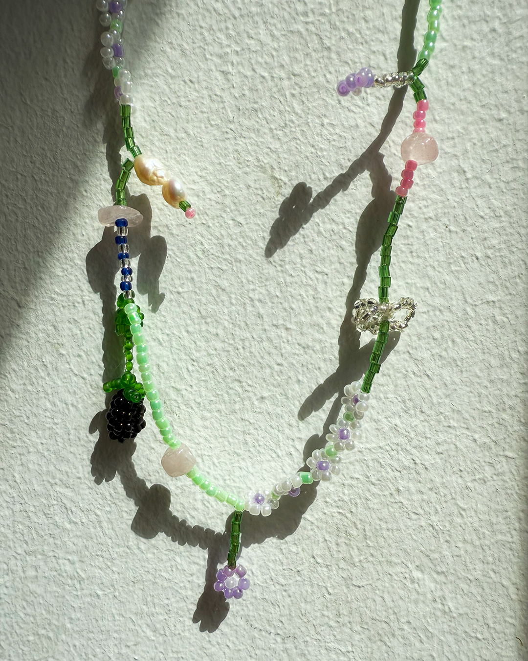 Summer floral necklace with pink, green quartz and pearls