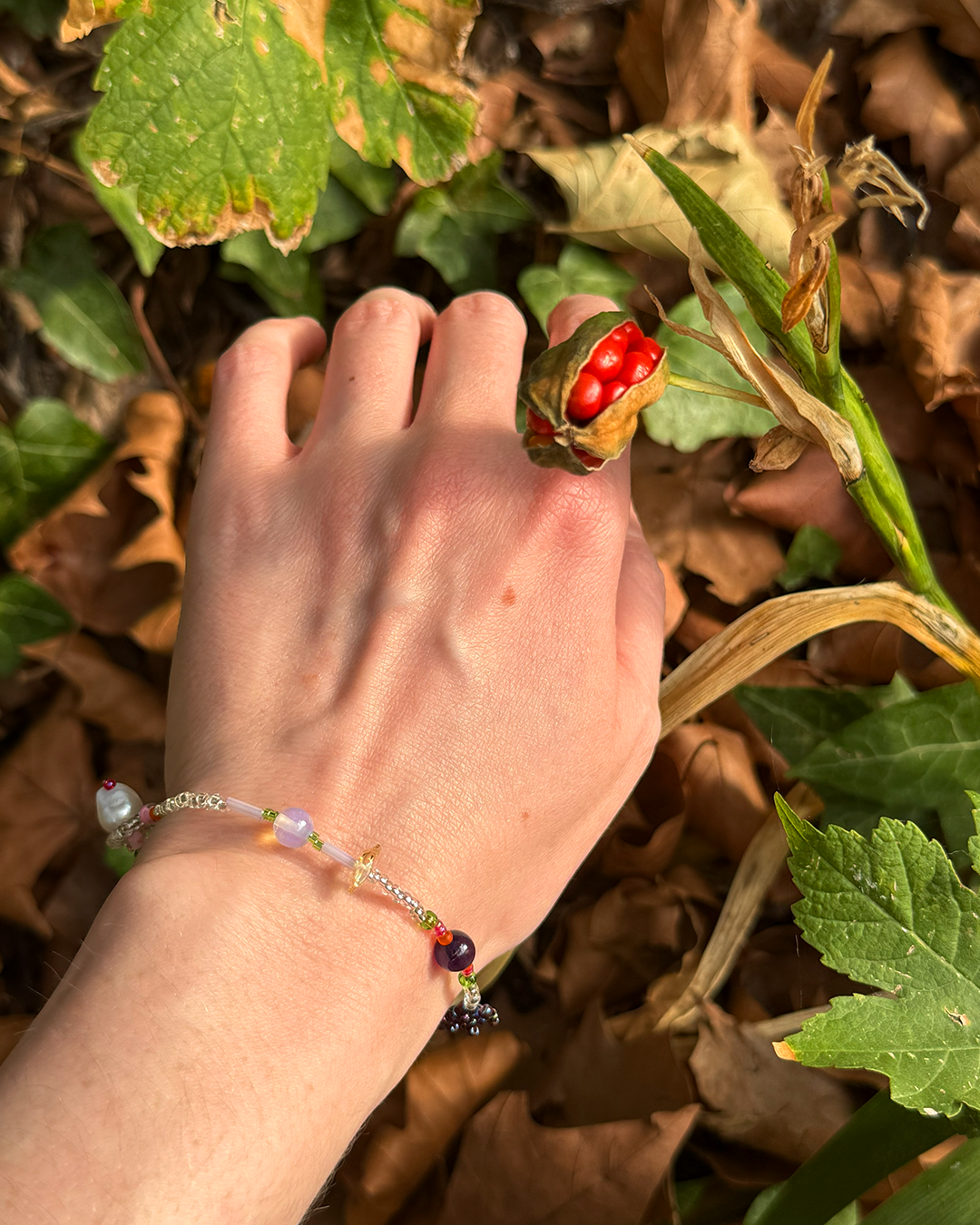 A close-up of a hand wearing a delicate beaded bracelet while touching a red seed pod outdoors among green leaves and brown fallen leaves.