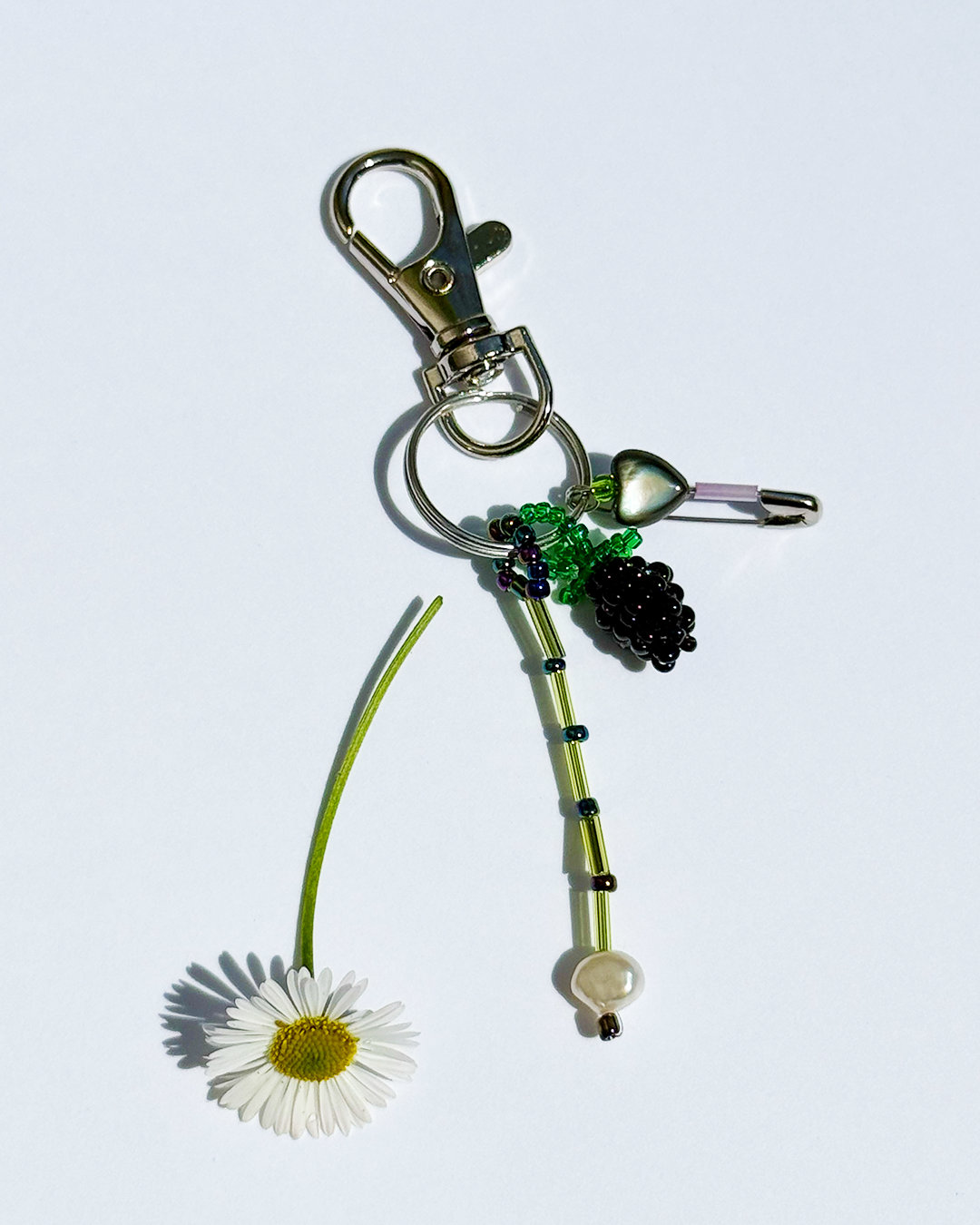Blackberry keychain with a pin and a small black mother-of-pearl heart