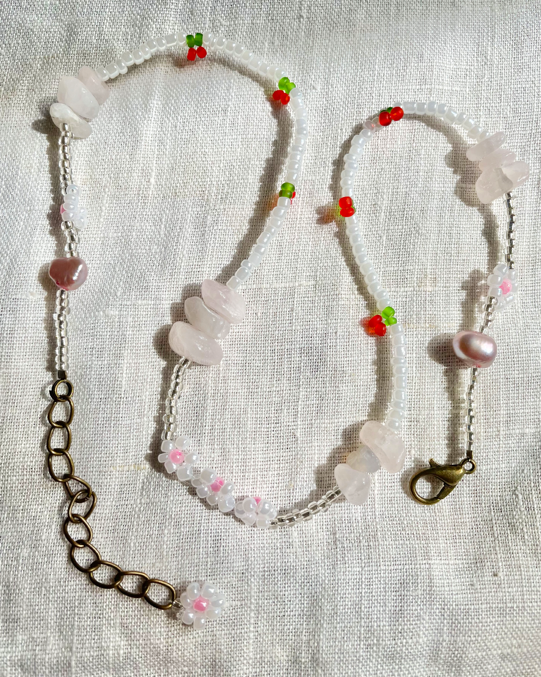 Silver cherry choker with pearls and rose quartz beads