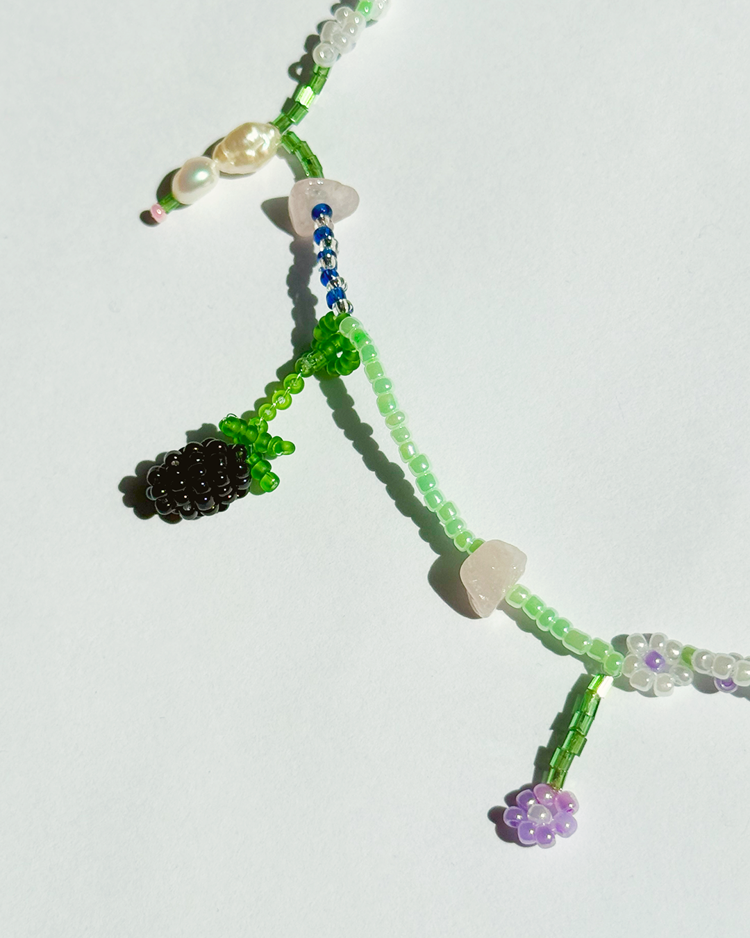 Summer floral necklace with pink, green quartz and pearls