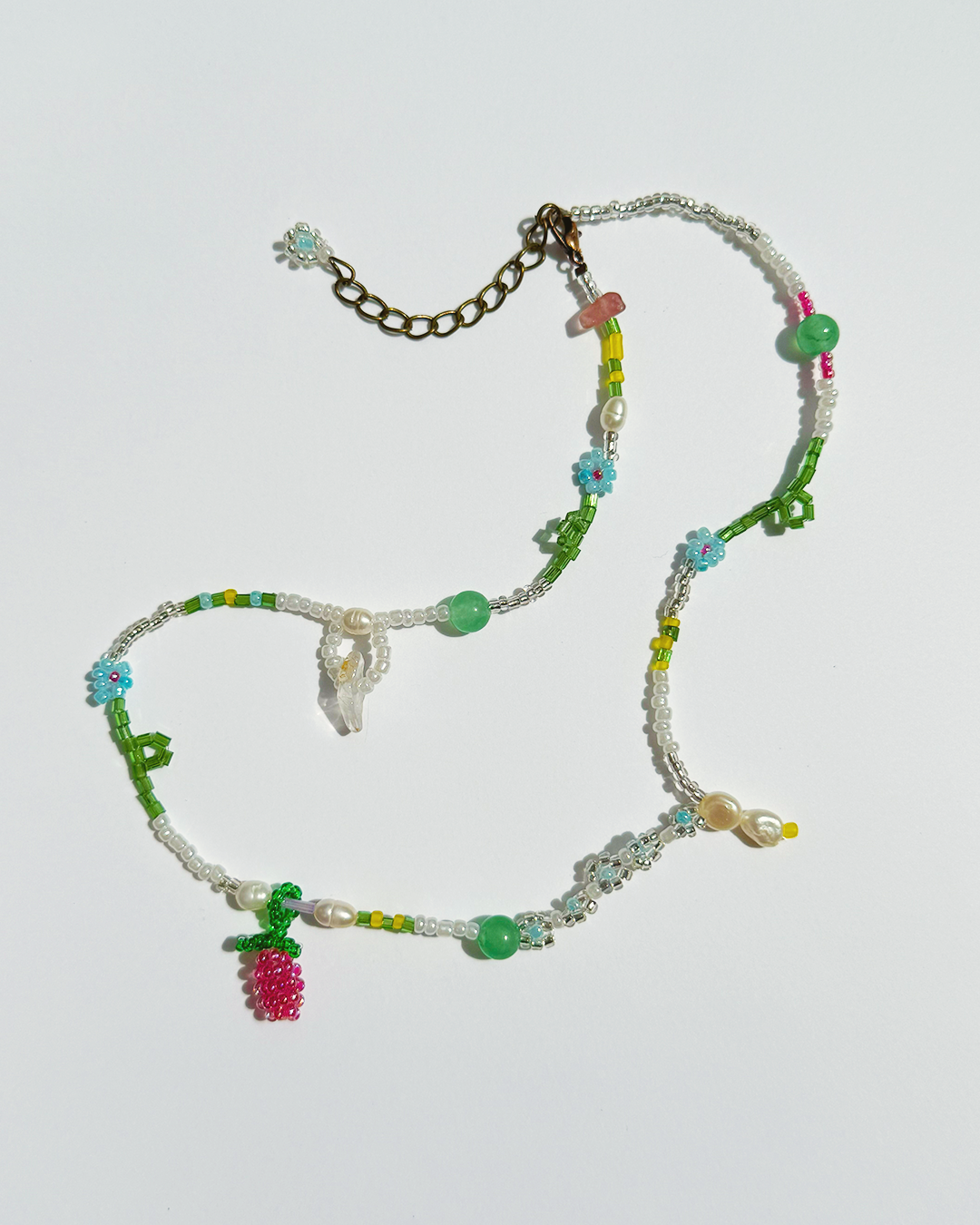 Forget-Me-Not raspberry necklace with jade and pearls