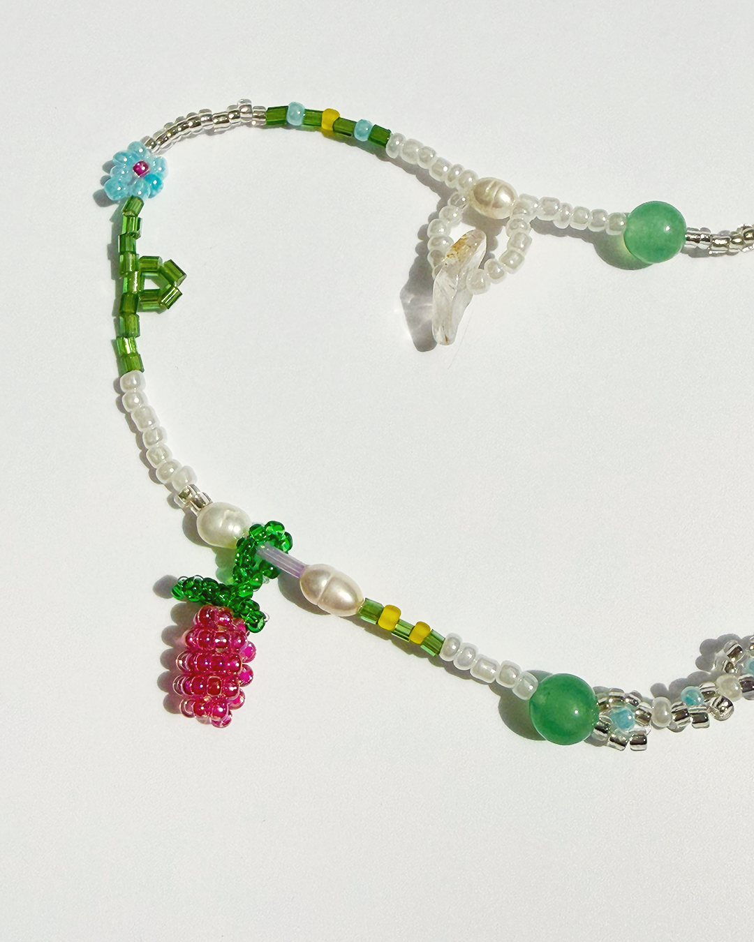 Forget-Me-Not raspberry necklace with jade and pearls