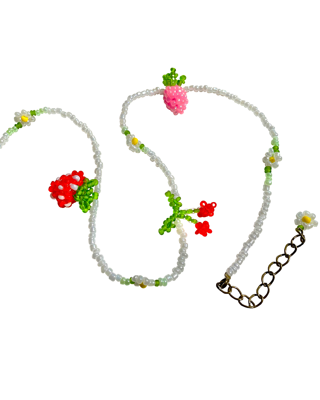 Pearly white beaded y2k choker with berries and daisy flowers