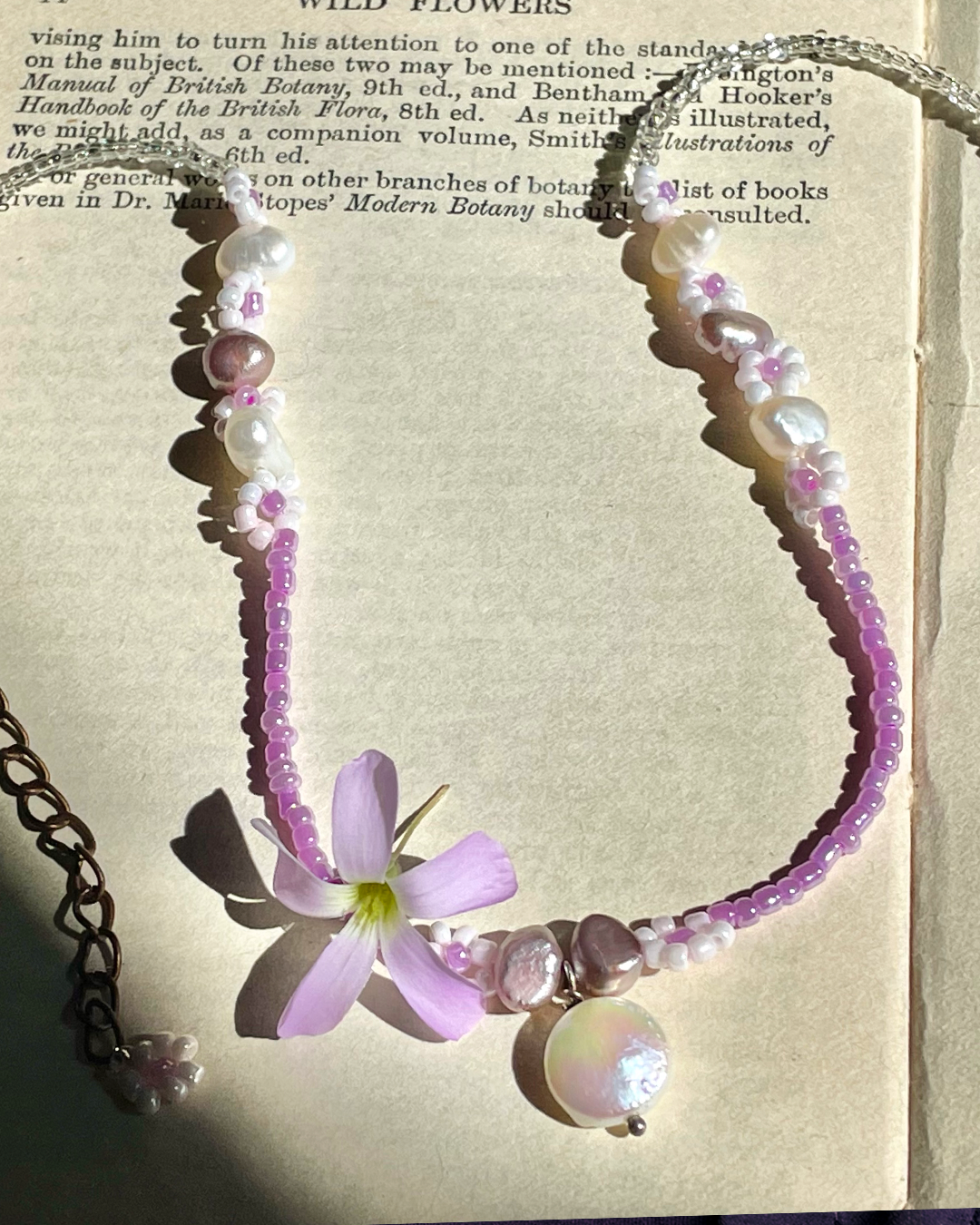 Lilac seed bead choker with fresh water pearls