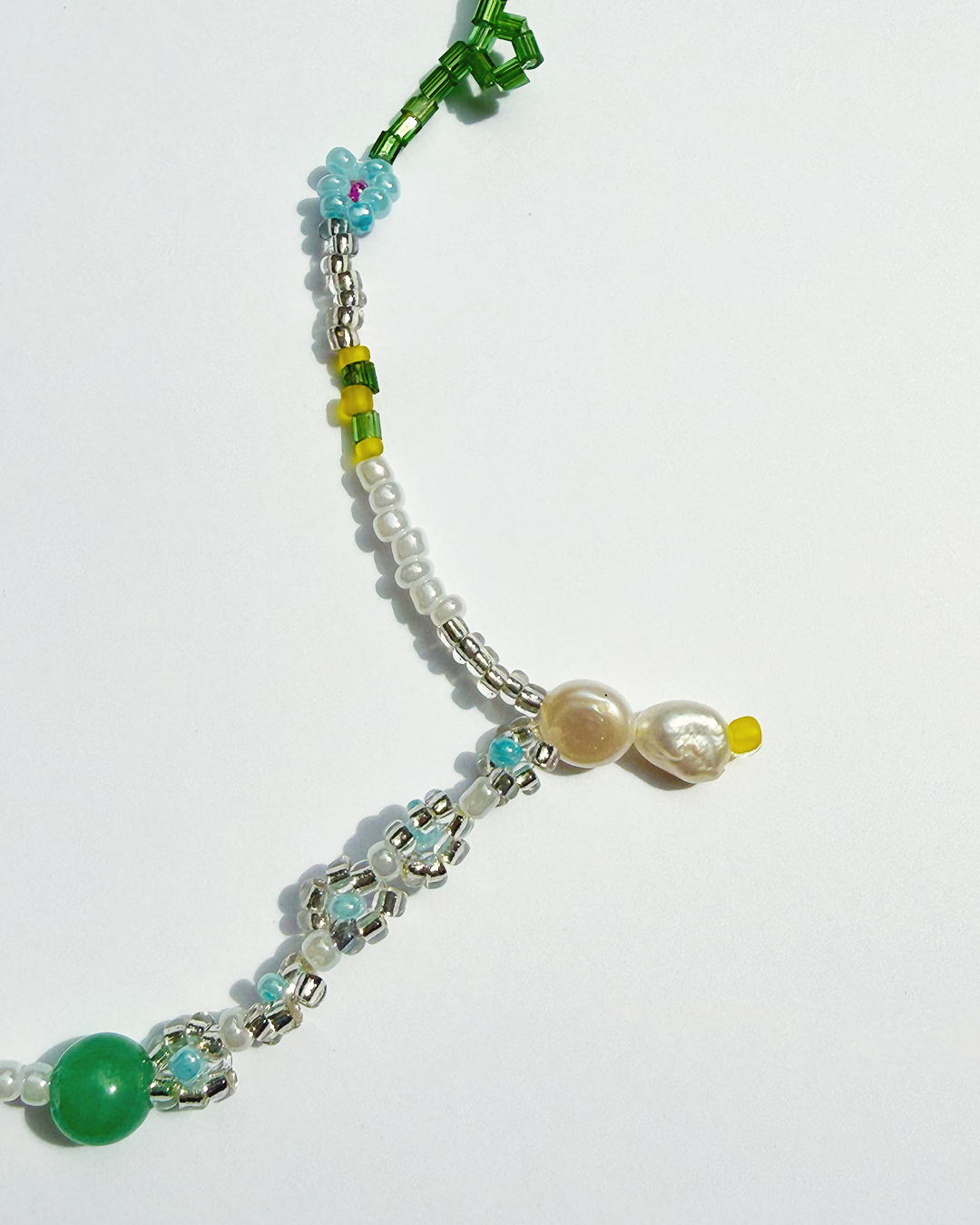 Forget-Me-Not raspberry necklace with jade and pearls