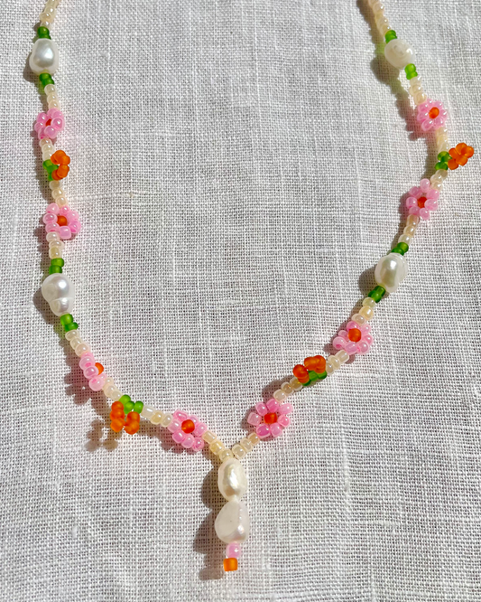 Peach Beaded Necklace with pearls