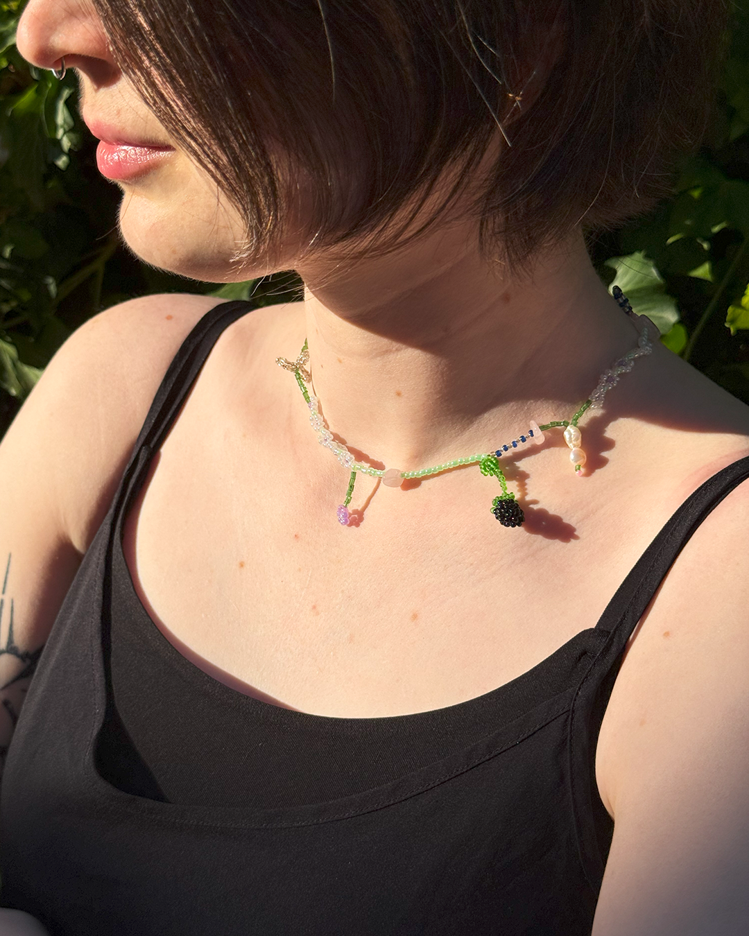 Summer floral necklace with pink, green quartz and pearls
