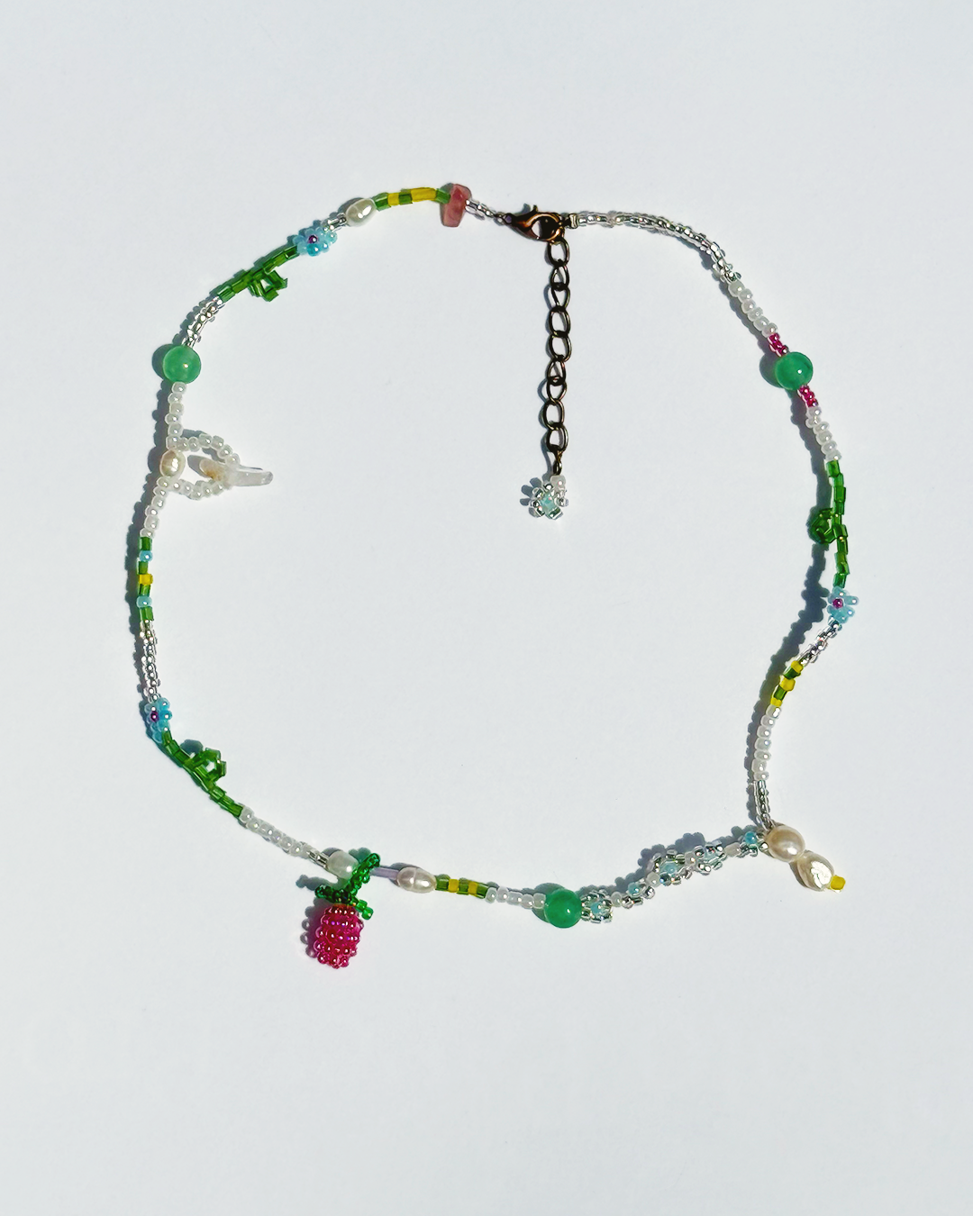 Forget-Me-Not raspberry necklace with jade and pearls