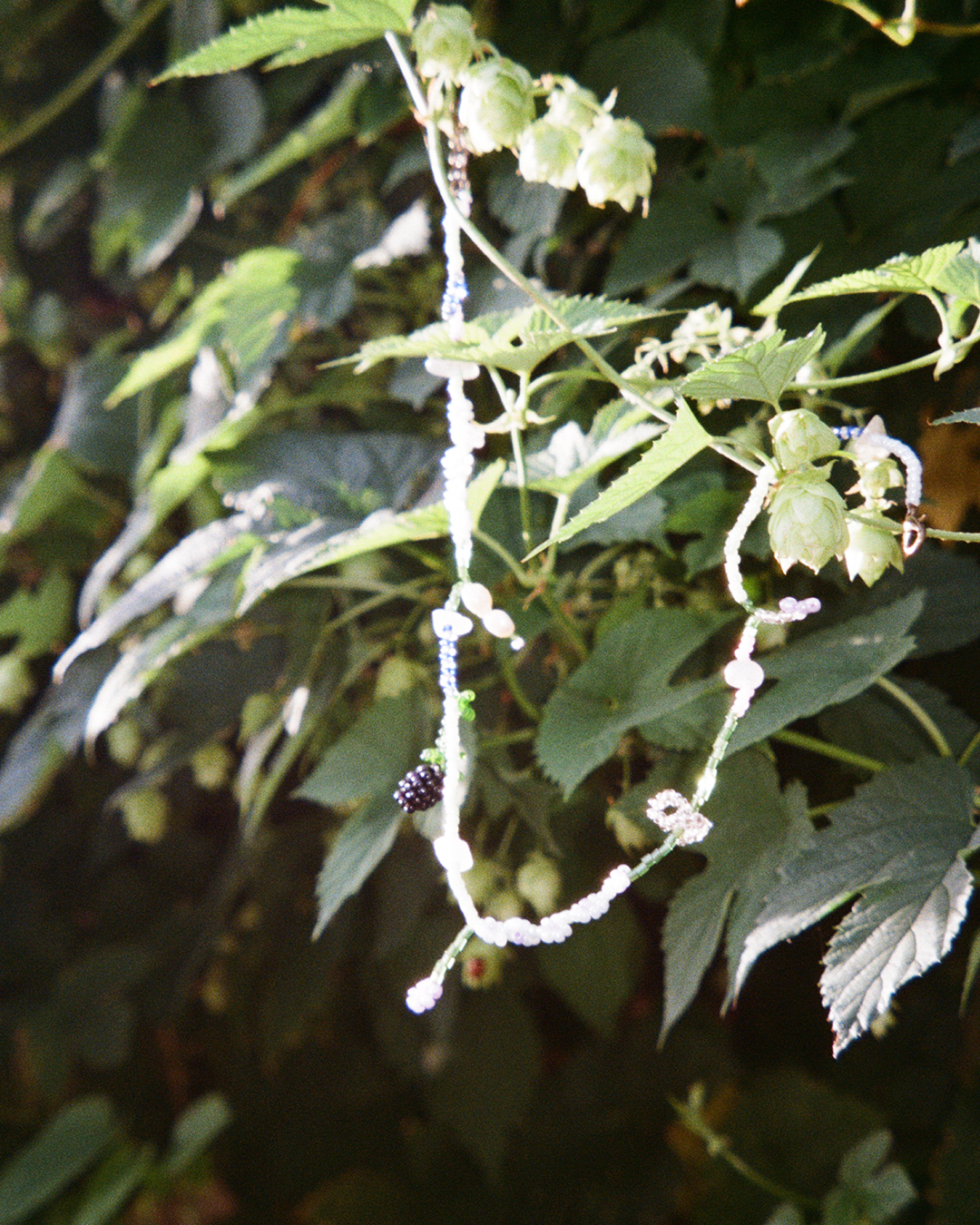 Summer floral necklace with pink, green quartz and pearls