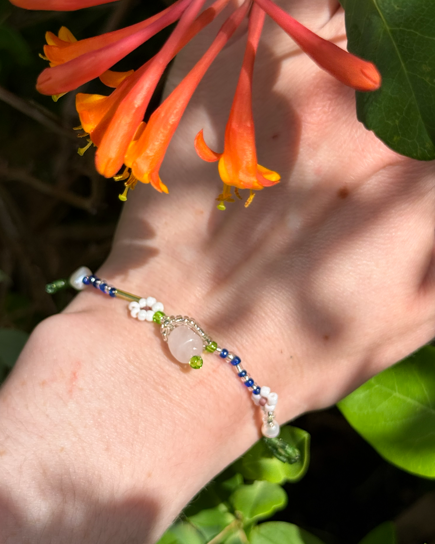 Flower Beaded Bracelet with pink quartz