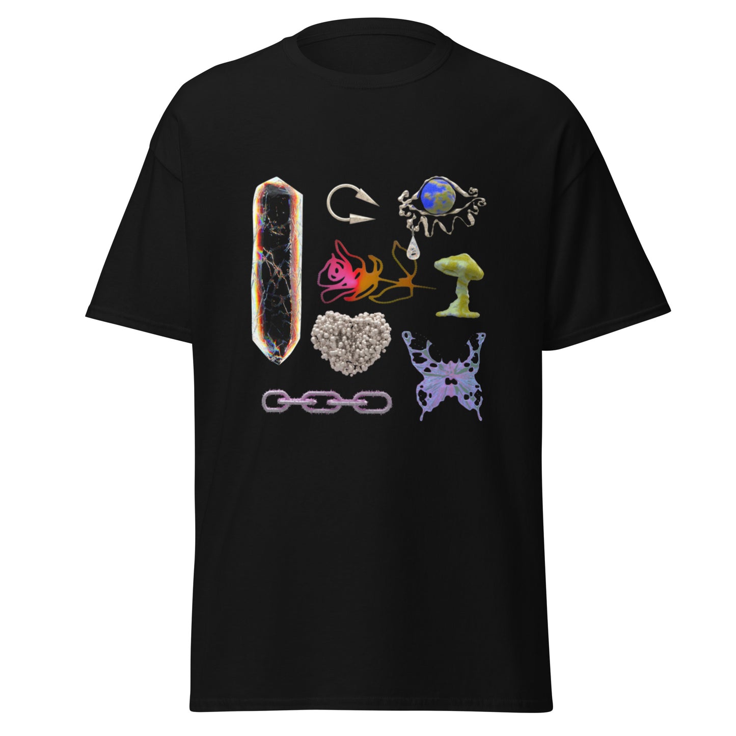 Black t-shirt featuring surreal 3D art: liquid butterfly, chrome chain, and glowing mushroom objects on white background.