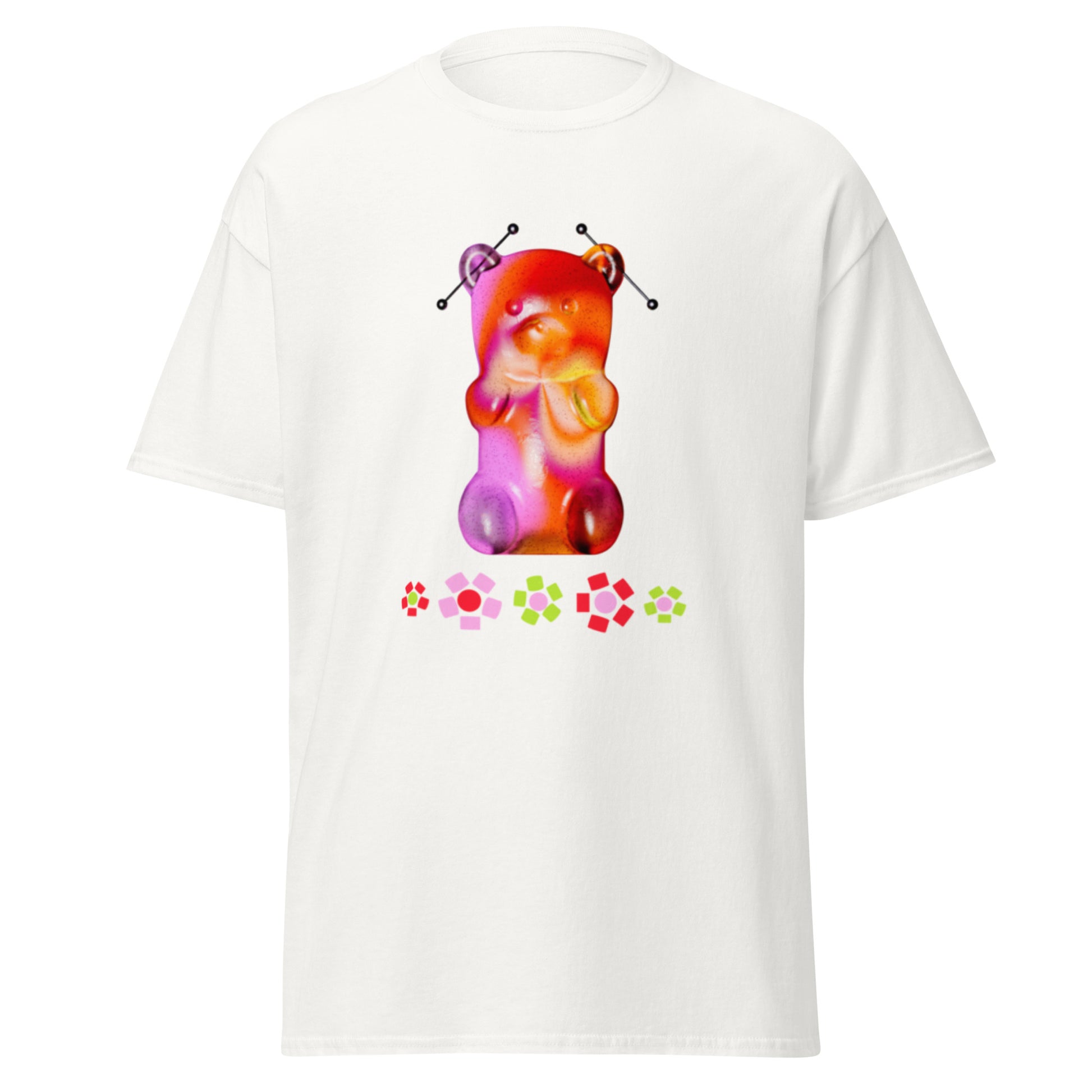 White t-shirt featuring a large 3D art print of a translucent red gummy bear with metal piercings and geometric flowers.